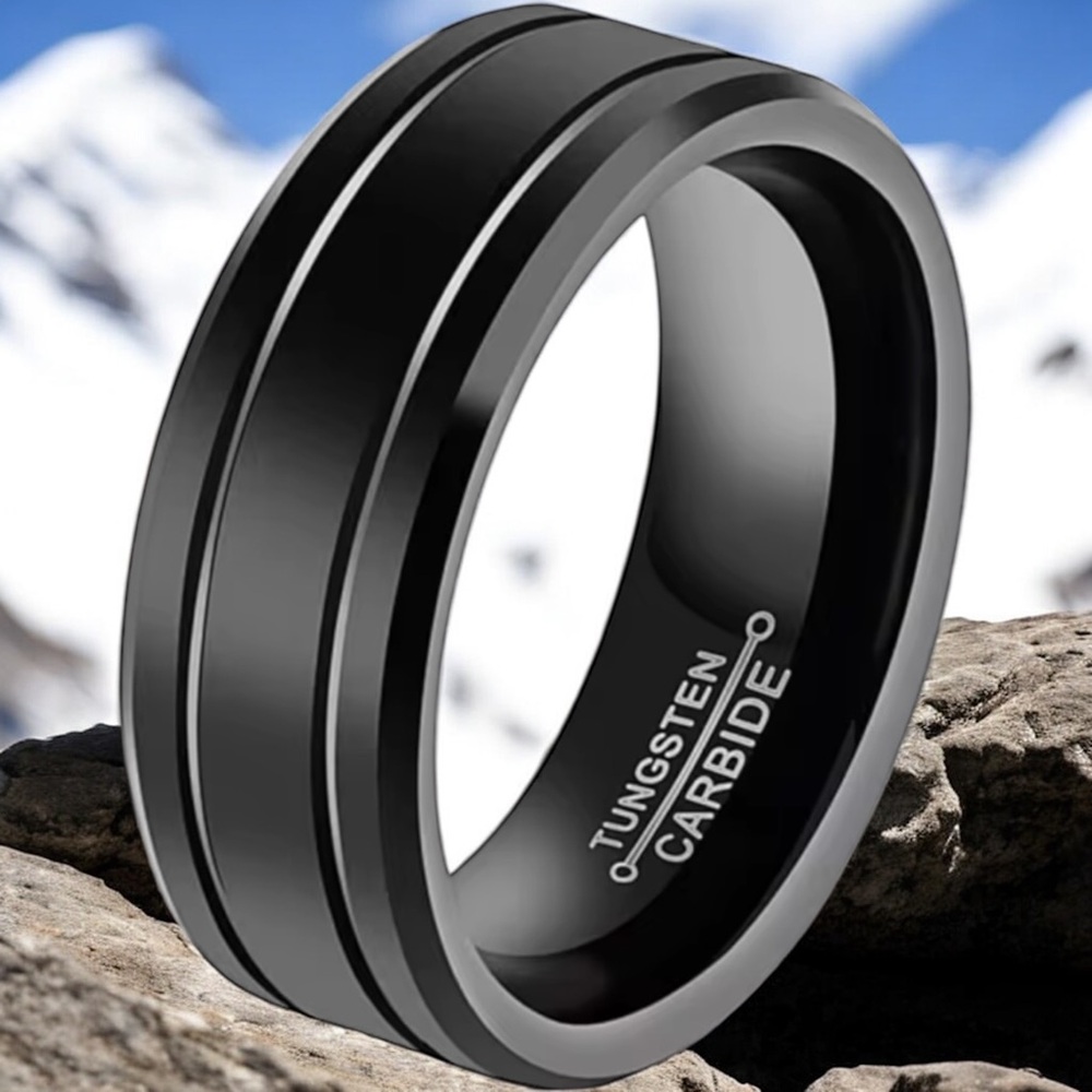Mens Tungsten Carbide Black Wedding Band Ring Beveled Edge Minimalist Design - Picture 7 of 7